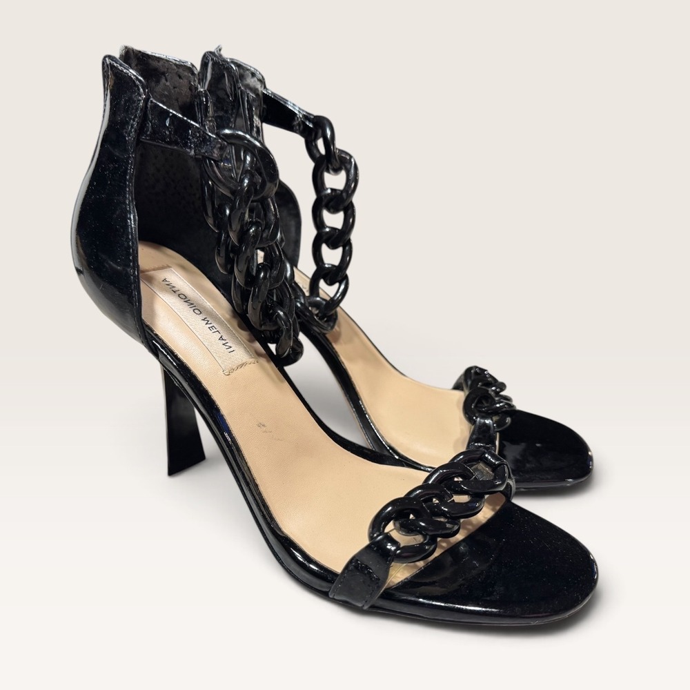 Antonio Melani Heels Womens 8.5M Chain Patent Black Leather Stiletto Zip Sandal